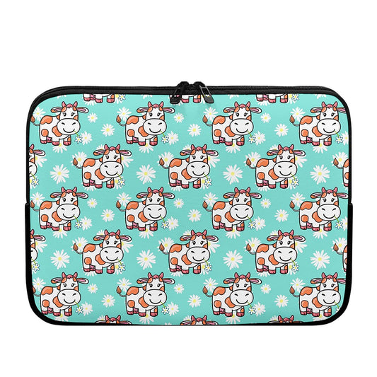 Cartoon Cow And Daisy Flower Print Laptop Sleeve