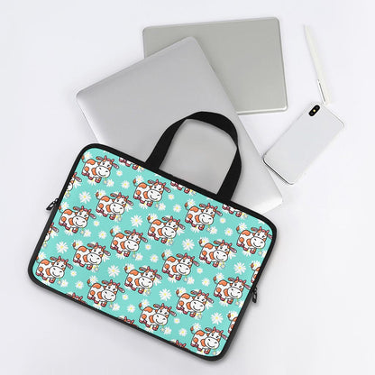 Cartoon Cow And Daisy Flower Print Laptop Sleeve With Handle