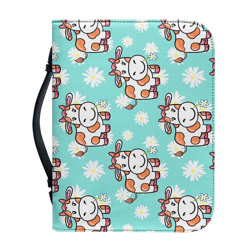 Cartoon Cow And Daisy Flower Print Leather Bible Cover