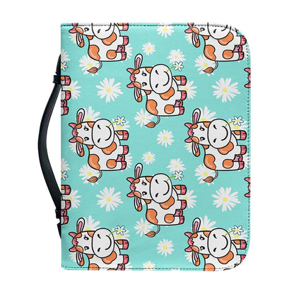 Cartoon Cow And Daisy Flower Print Leather Bible Cover