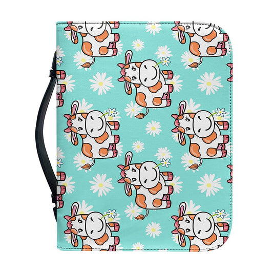Cartoon Cow And Daisy Flower Print Leather Bible Cover