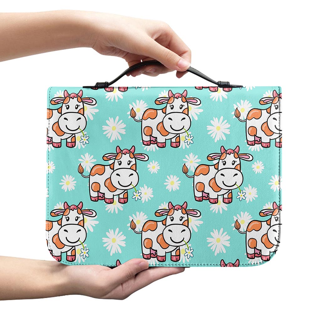 Cartoon Cow And Daisy Flower Print Leather Bible Cover