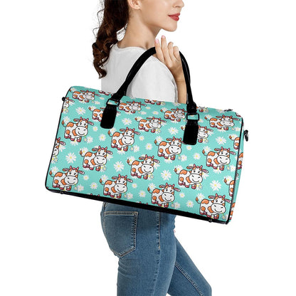 Cartoon Cow And Daisy Flower Print Leather Duffle Bag