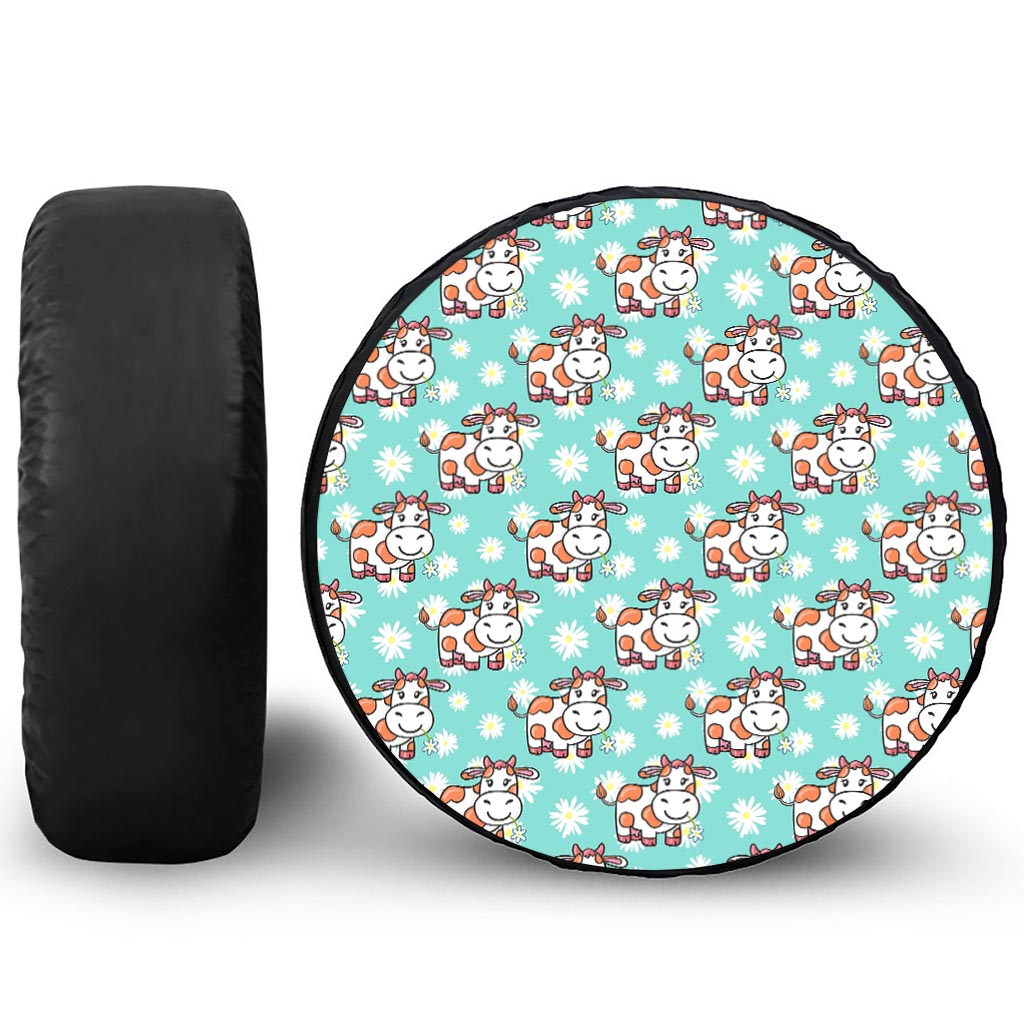 Cartoon Cow And Daisy Flower Print Leather Spare Tire Cover