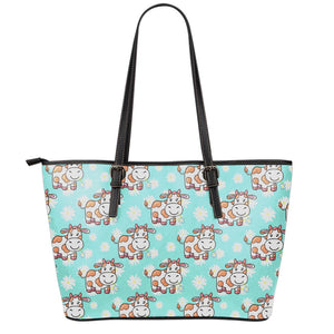 Cartoon Cow And Daisy Flower Print Leather Tote Bag