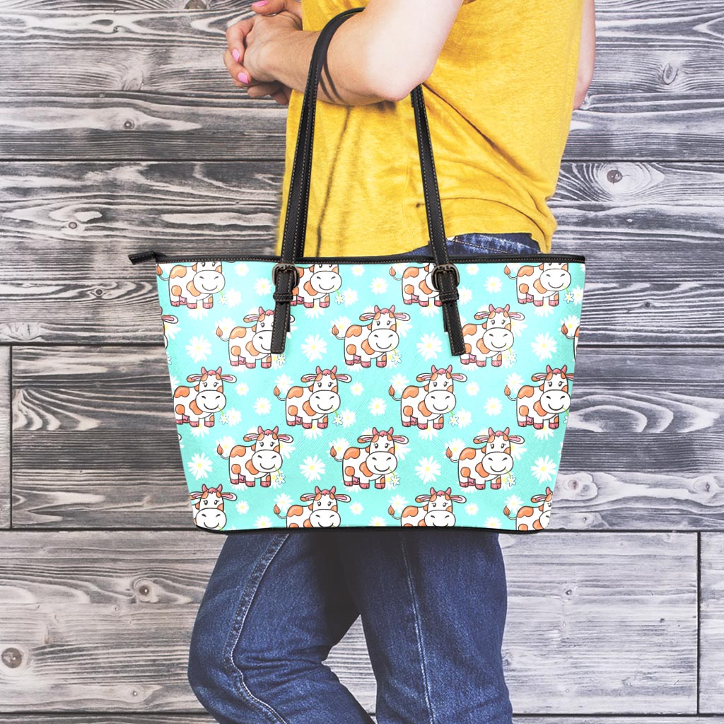 Cartoon Cow And Daisy Flower Print Leather Tote Bag
