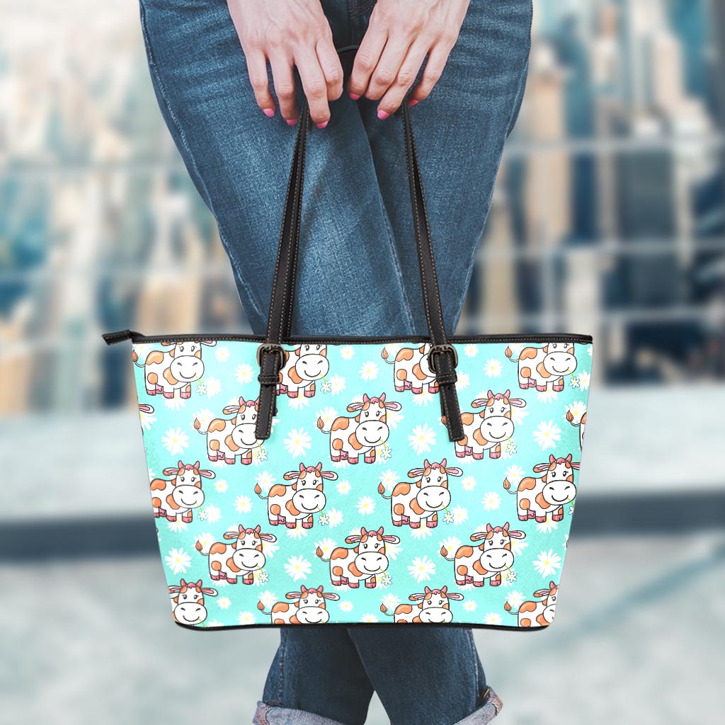 Cartoon Cow And Daisy Flower Print Leather Tote Bag