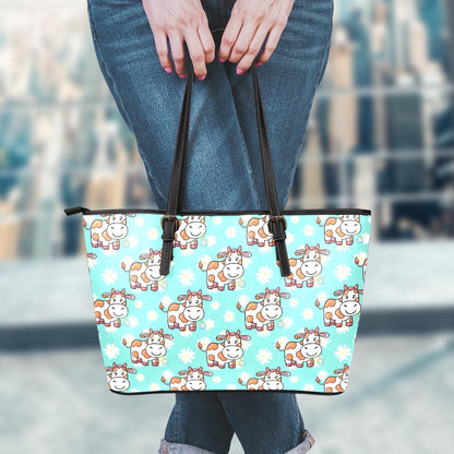Cartoon Cow And Daisy Flower Print Leather Tote Bag