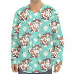 Cartoon Cow And Daisy Flower Print Long Sleeve Baseball Jersey