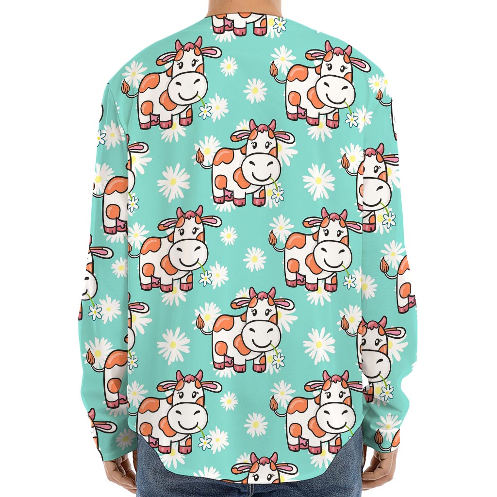 Cartoon Cow And Daisy Flower Print Long Sleeve Baseball Jersey