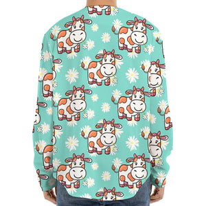 Cartoon Cow And Daisy Flower Print Long Sleeve Baseball Jersey