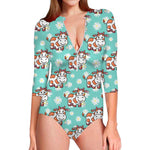 Cartoon Cow And Daisy Flower Print Long Sleeve Swimsuit