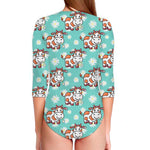 Cartoon Cow And Daisy Flower Print Long Sleeve Swimsuit