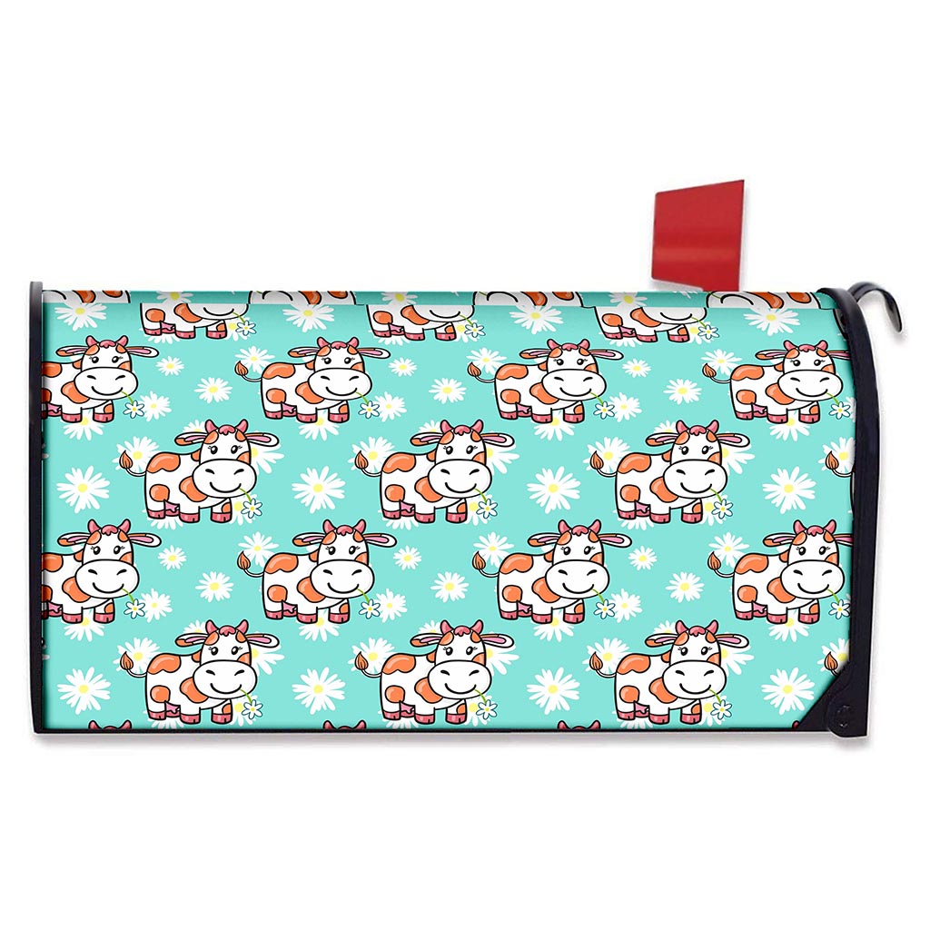 Cartoon Cow And Daisy Flower Print Mailbox Cover