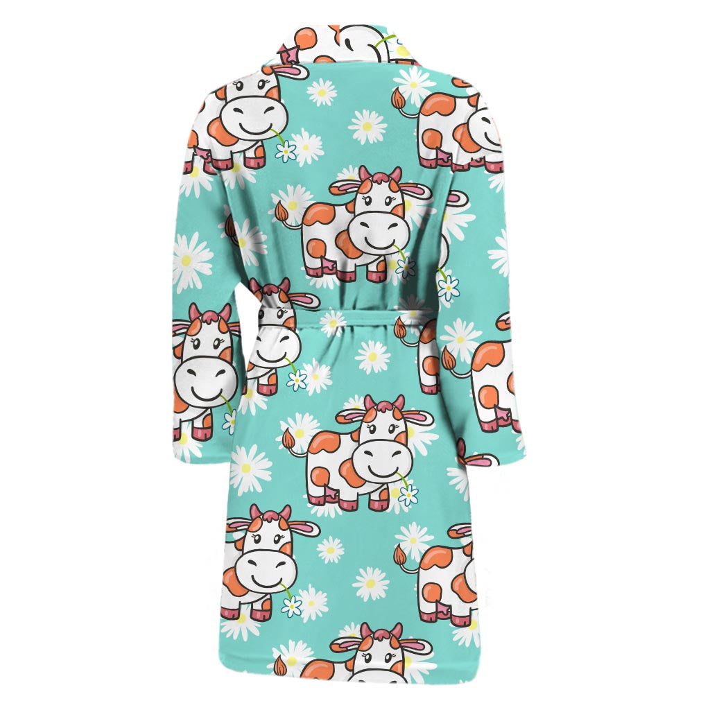 Cartoon Cow And Daisy Flower Print Men's Bathrobe