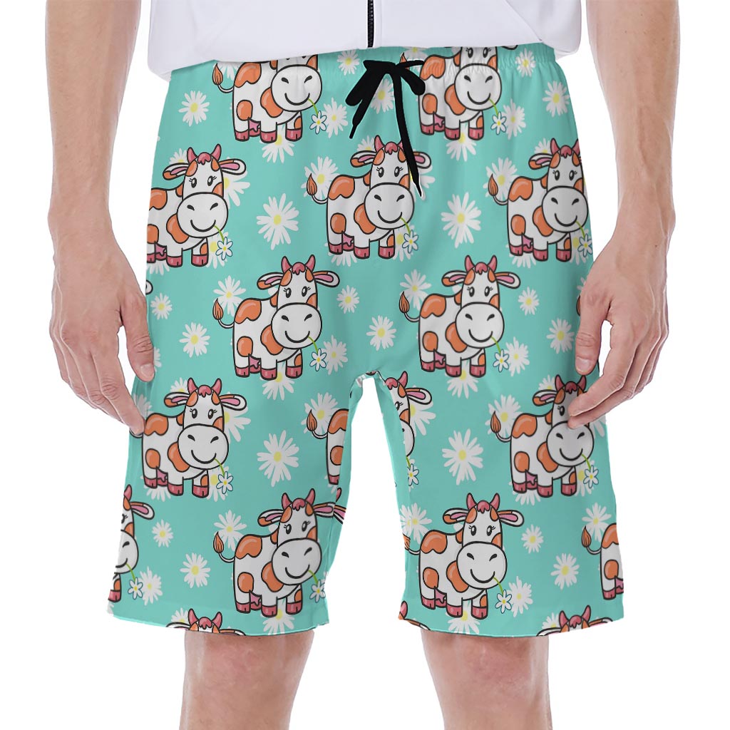 Cartoon Cow And Daisy Flower Print Men's Beach Shorts