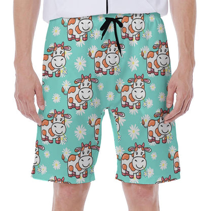 Cartoon Cow And Daisy Flower Print Men's Beach Shorts