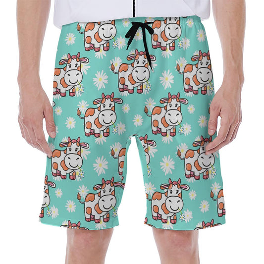 Cartoon Cow And Daisy Flower Print Men's Beach Shorts