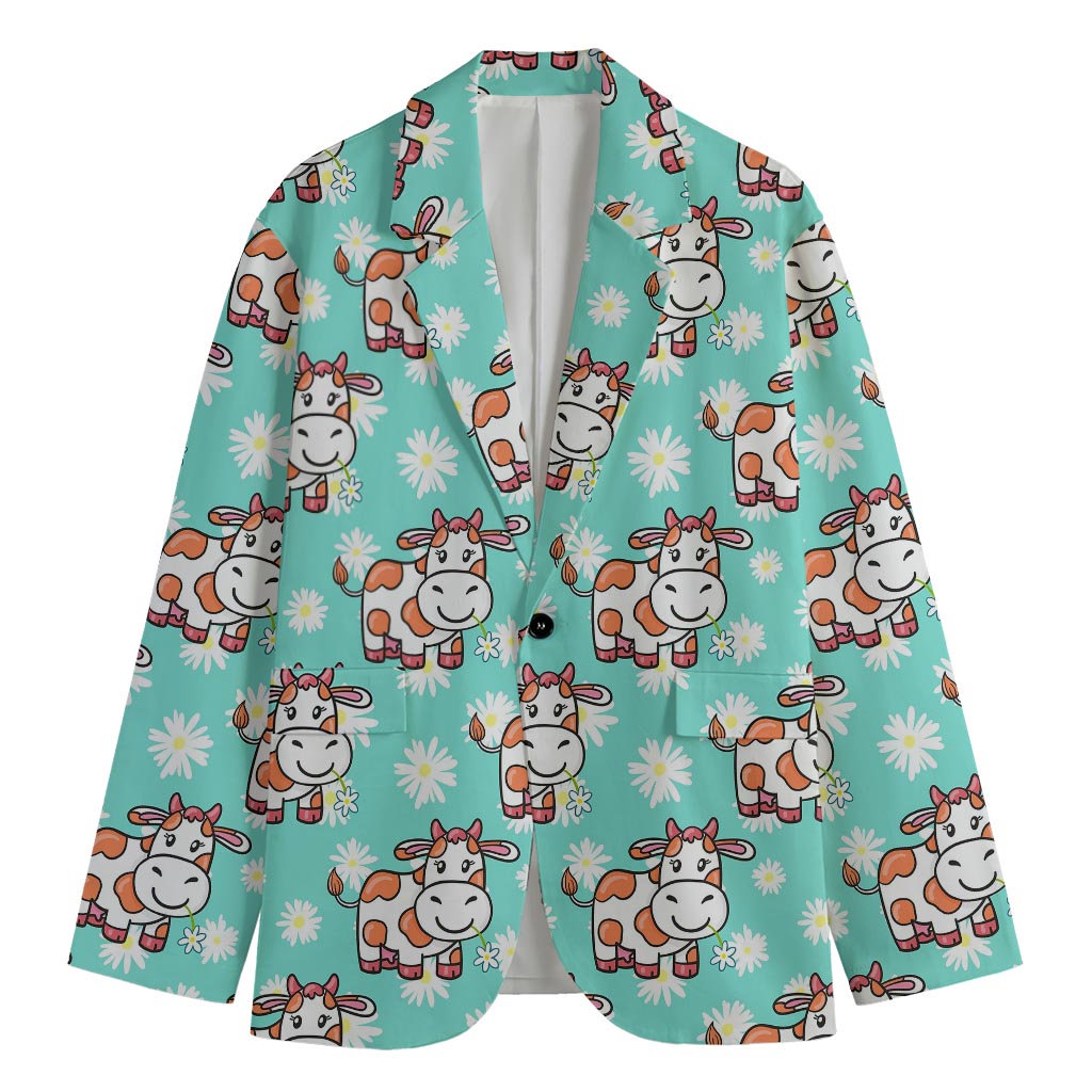 Cartoon Cow And Daisy Flower Print Men's Blazer