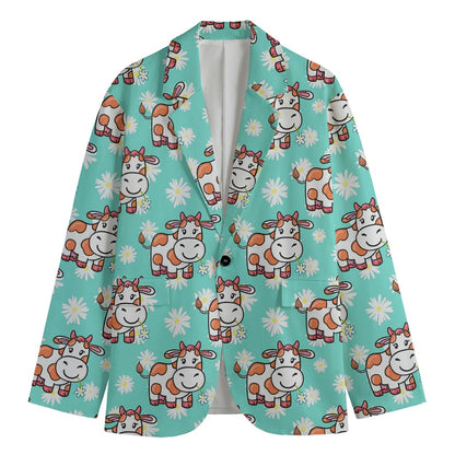 Cartoon Cow And Daisy Flower Print Men's Blazer