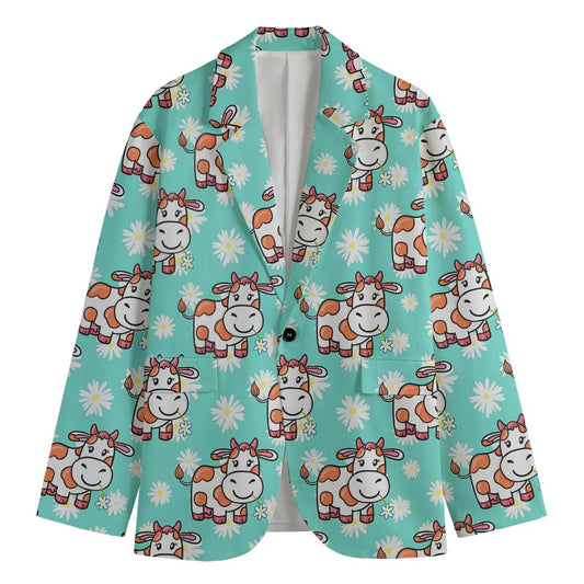 Cartoon Cow And Daisy Flower Print Men's Blazer