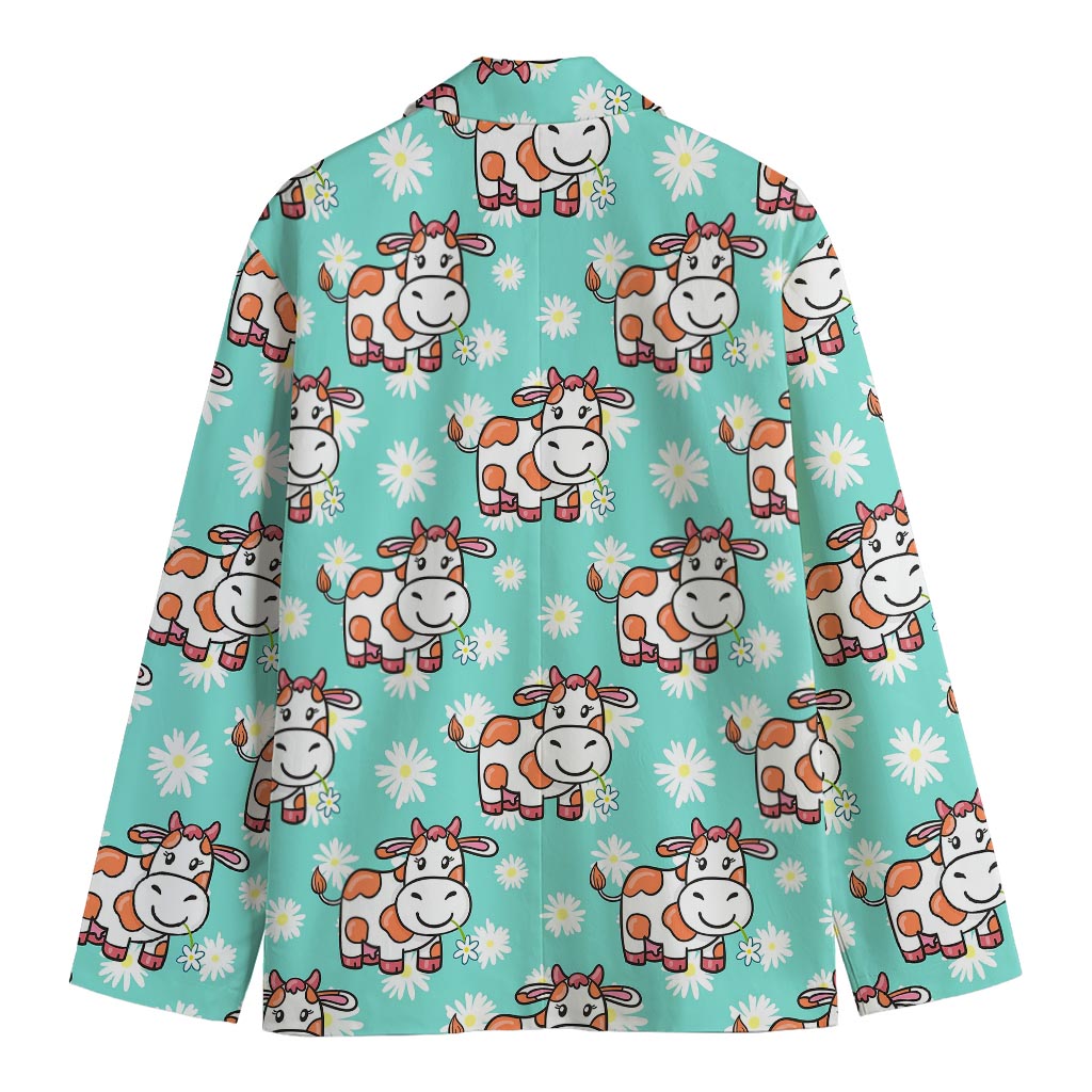 Cartoon Cow And Daisy Flower Print Men's Blazer