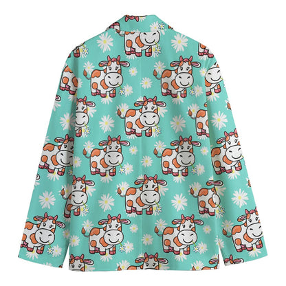 Cartoon Cow And Daisy Flower Print Men's Blazer