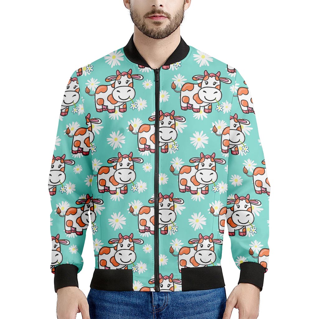 Cartoon Cow And Daisy Flower Print Men's Bomber Jacket
