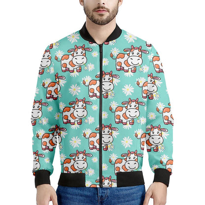 Cartoon Cow And Daisy Flower Print Men's Bomber Jacket