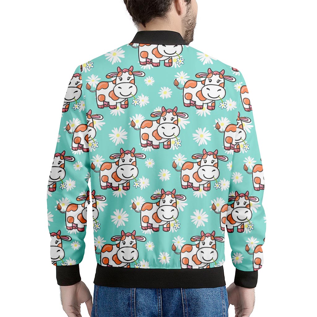 Cartoon Cow And Daisy Flower Print Men's Bomber Jacket