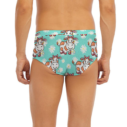 Cartoon Cow And Daisy Flower Print Men's Briefs