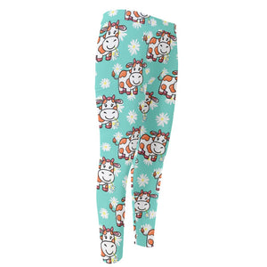 Cartoon Cow And Daisy Flower Print Men's Compression Pants