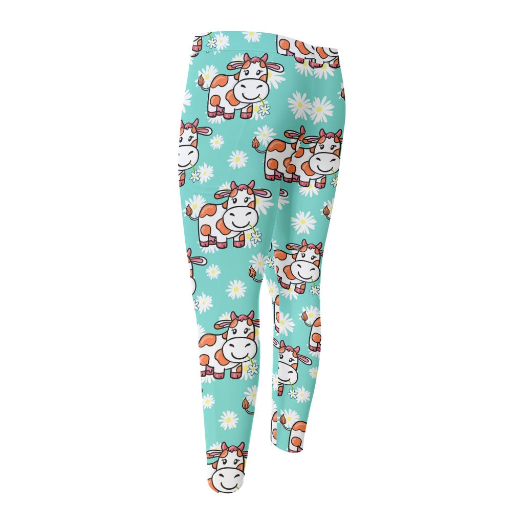 Cartoon Cow And Daisy Flower Print Men's Compression Pants