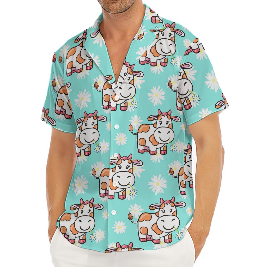 Cartoon Cow And Daisy Flower Print Men's Deep V-Neck Shirt