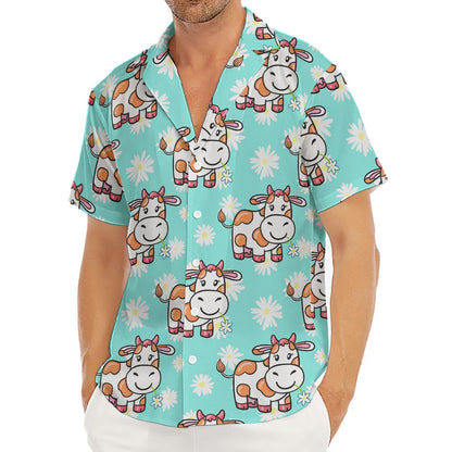 Cartoon Cow And Daisy Flower Print Men's Deep V-Neck Shirt