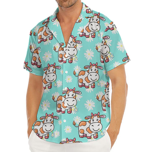 Cartoon Cow And Daisy Flower Print Men's Deep V-Neck Shirt