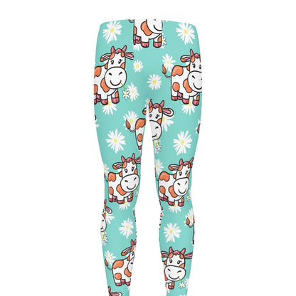 Cartoon Cow And Daisy Flower Print Men's leggings