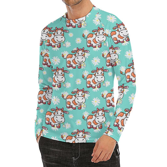 Cartoon Cow And Daisy Flower Print Men's Long Sleeve Rash Guard