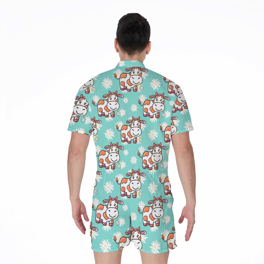 Cartoon Cow And Daisy Flower Print Men's Rompers