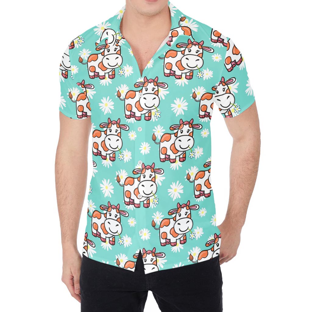 Cartoon Cow And Daisy Flower Print Men's Shirt