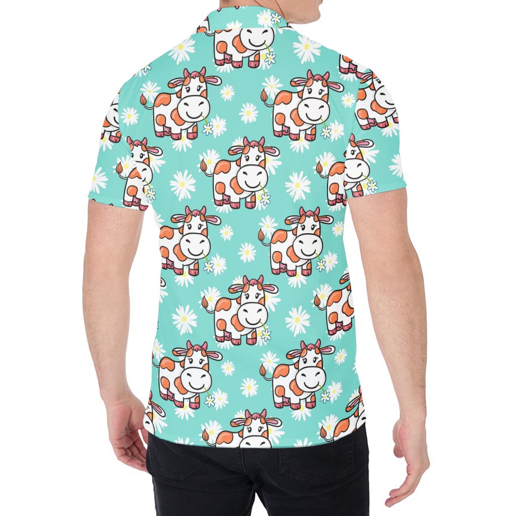 Cartoon Cow And Daisy Flower Print Men's Shirt