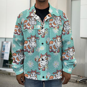 Cartoon Cow And Daisy Flower Print Men's Shirt Jacket