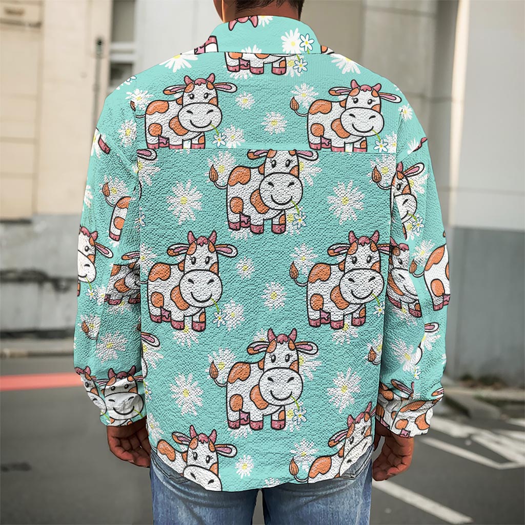 Cartoon Cow And Daisy Flower Print Men's Shirt Jacket