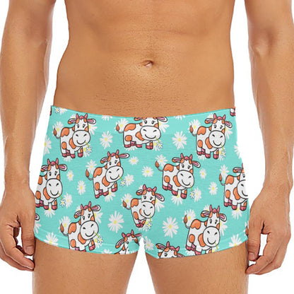 Cartoon Cow And Daisy Flower Print Men's Short Boxer Briefs