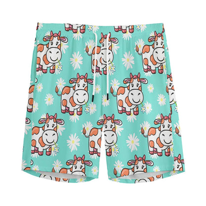 Cartoon Cow And Daisy Flower Print Men's Sports Shorts