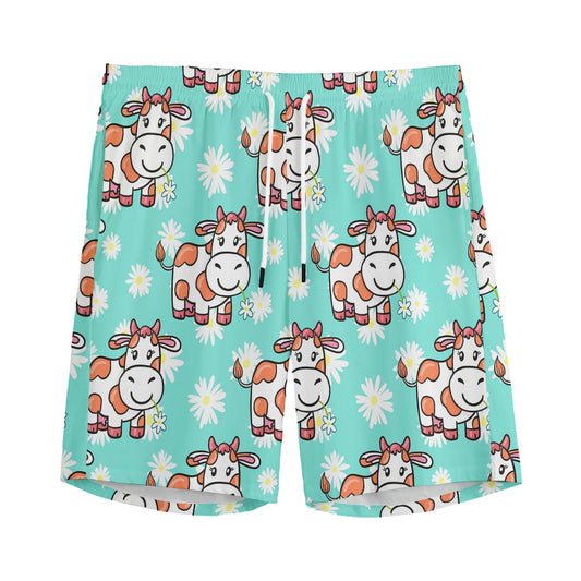 Cartoon Cow And Daisy Flower Print Men's Sports Shorts