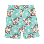Cartoon Cow And Daisy Flower Print Men's Sports Shorts