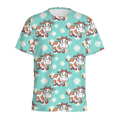 Cartoon Cow And Daisy Flower Print Men's Sports T-Shirt