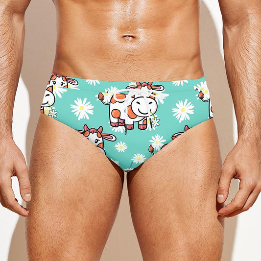 Cartoon Cow And Daisy Flower Print Men's Swim Briefs