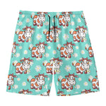 Cartoon Cow And Daisy Flower Print Men's Swim Trunks